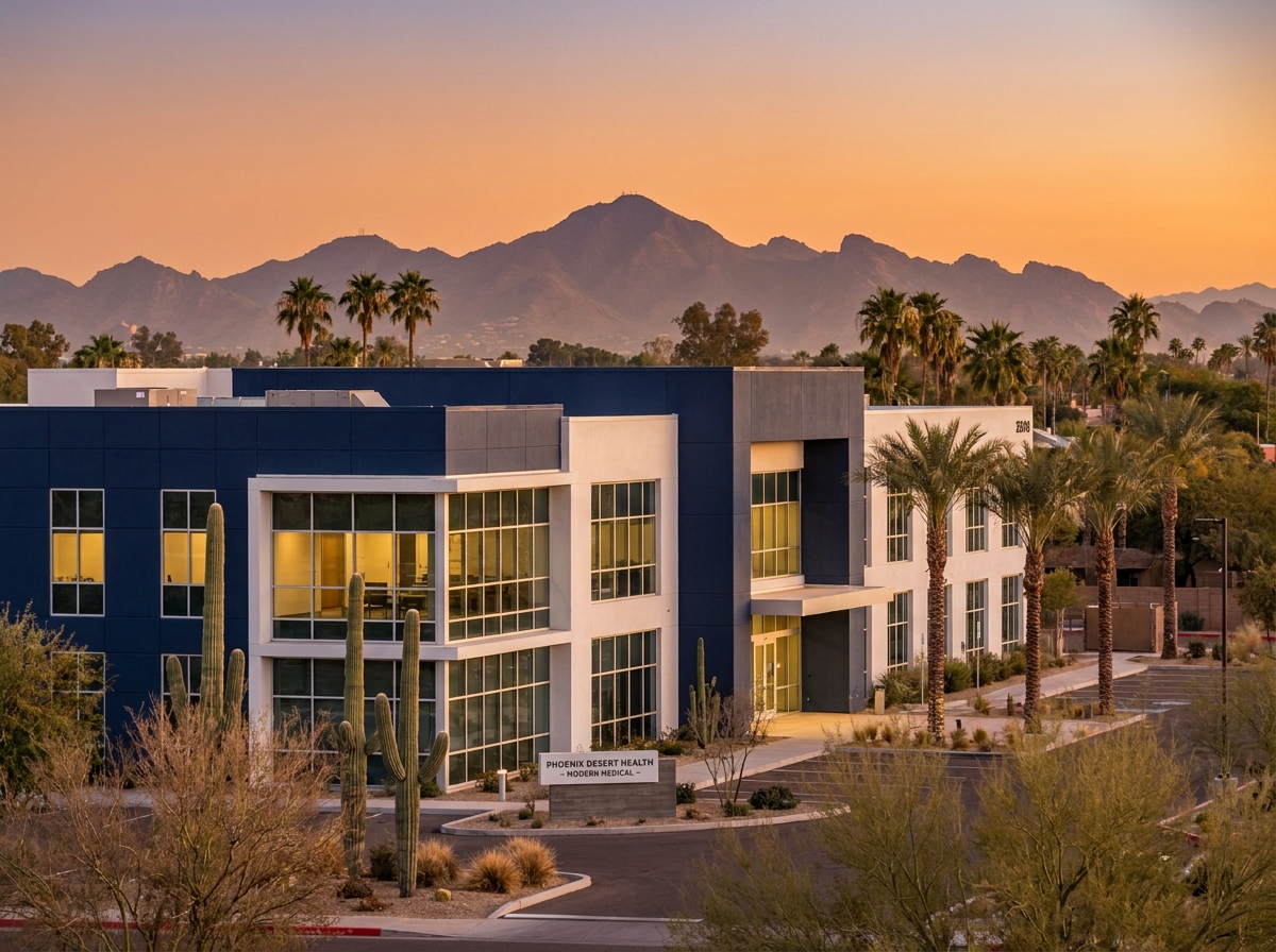A modern Phoenix Arizona healthcare facility at golden hour with desert mountains in the background
