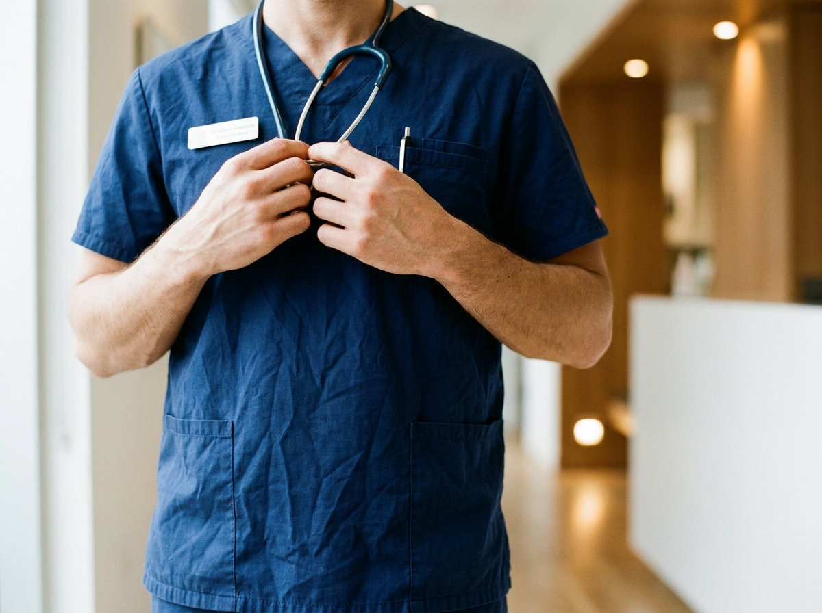 A healthcare professional in navy blue scrubs with a stethoscope around their neck