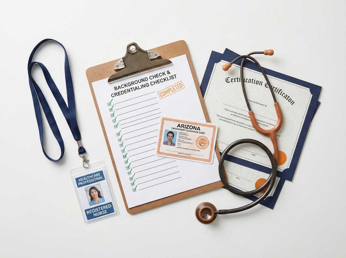 Healthcare staffing credentials including ID badge, fingerprint clearance card, completed credentialing checklist, and stethoscope
