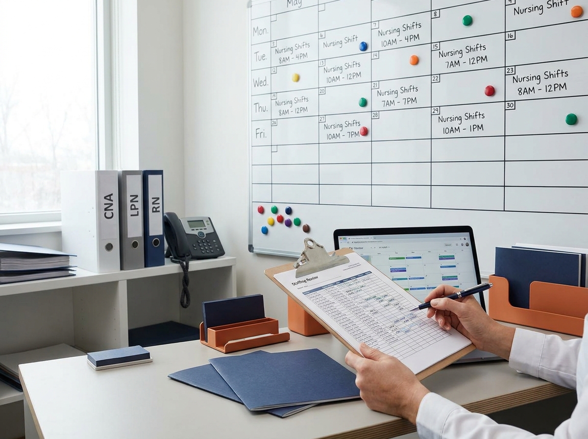 A healthcare staffing coordinator reviewing a nursing roster clipboard with a wall-mounted shift schedule in the background