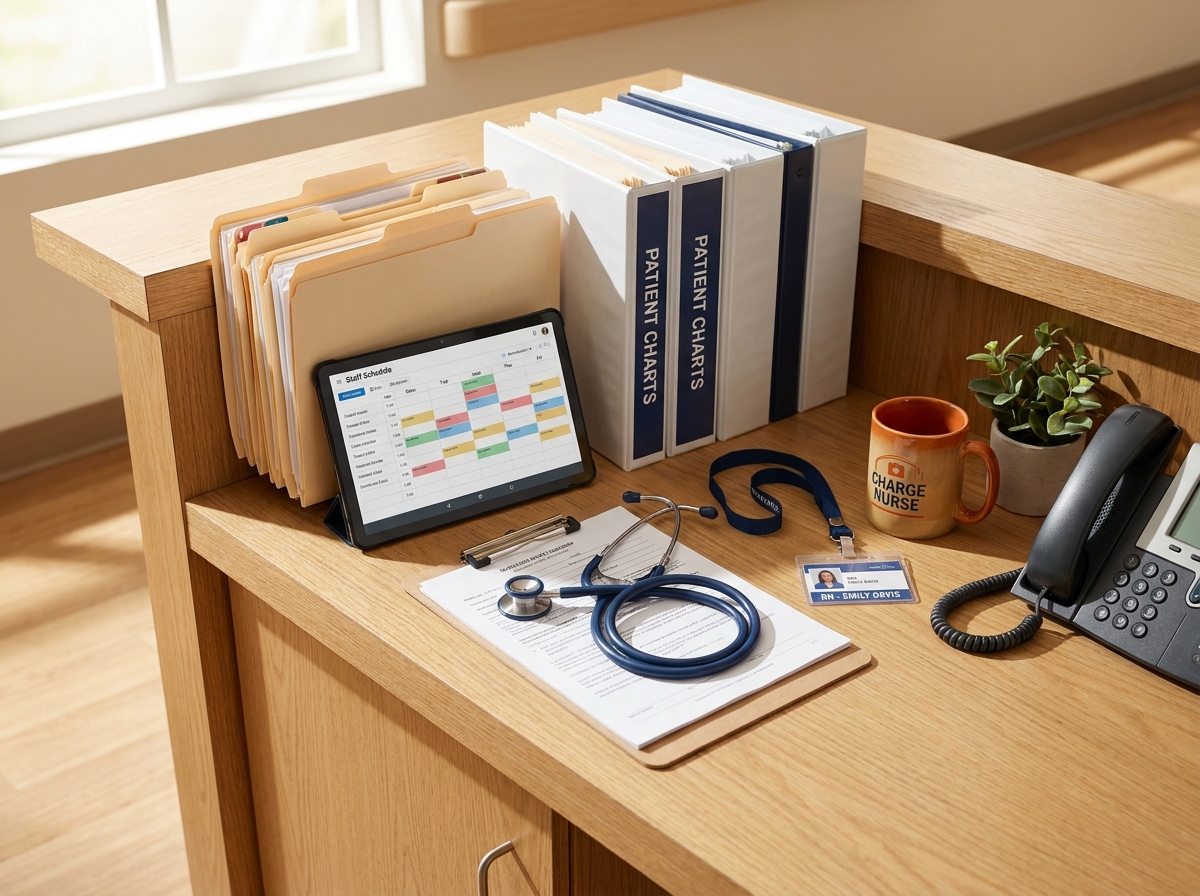 Modern healthcare facility nursing station with charts, ID badges, and a stethoscope