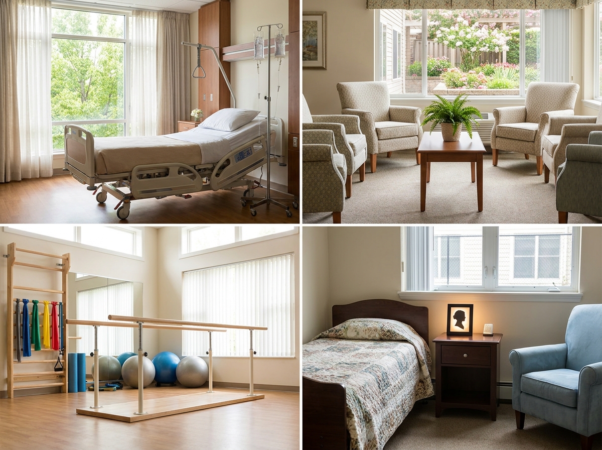 Four healthcare settings shown side by side: skilled nursing, assisted living, rehab, and memory care